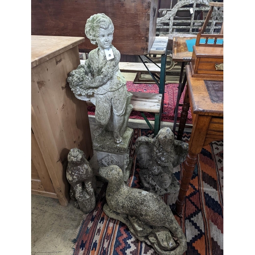 42 - Four reconstituted stone garden ornaments modelled as a flower seller, height 102cm, hare, seal and ... 