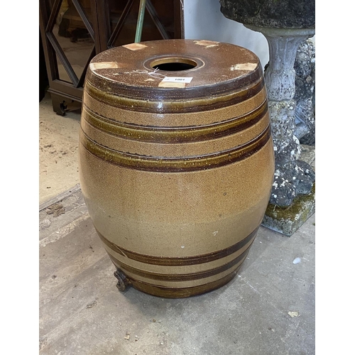 1001 - A large Victorian Doulton Lambeth salt glazed barrel, diameter 50cm, height 70cm