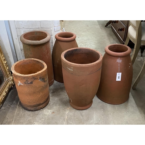 1020 - Five circular terracotta rhubarb forcers, largest height 56cm