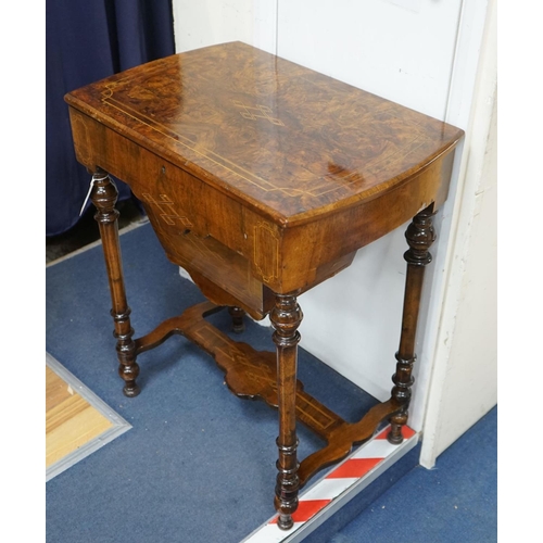 1040 - A Victorian inlaid burr walnut work table, width 62cm, depth 40cm, height 72cm