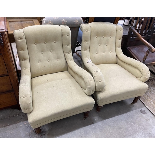 1045 - A pair of Victorian upholstered low elbow chairs, width 72cm, depth 80cm, height 80cm