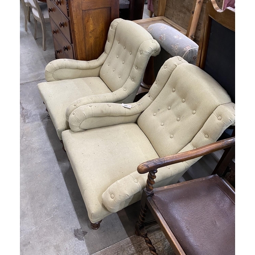 1045 - A pair of Victorian upholstered low elbow chairs, width 72cm, depth 80cm, height 80cm