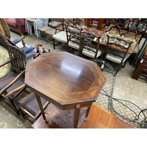 1047 - A Regency style banded mahogany sofa table together with an Edwardian octagonal mahogany centre tabl... 