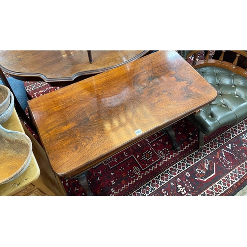 1054 - A Victorian rectangular rosewood folding card table, width 92cm, depth 46cm, height 73cm... 