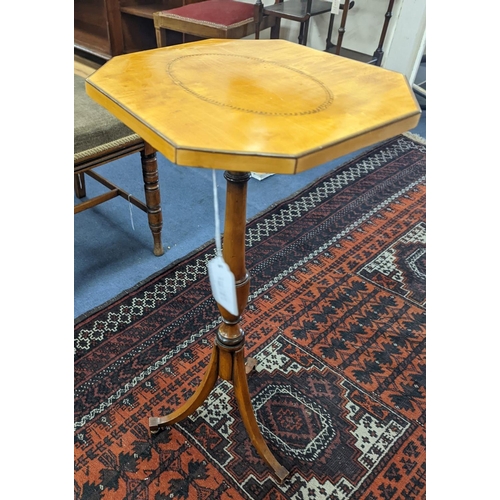 1058 - A Sheraton revival satinwood tripod table, with inlaid octagonal top, width 30cm depth 26cm height 6... 