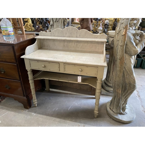 1059 - A Victorian painted pine faux bamboo marble top two drawer wash stand, width 90cm, depth 44cm, heigh... 