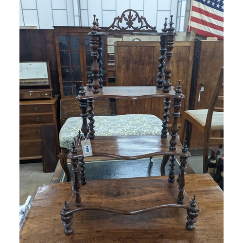 1081 - A small Victorian rosewood serpentine fronted four tier whatnot, width 61cm, depth 21cm, height 94cm... 