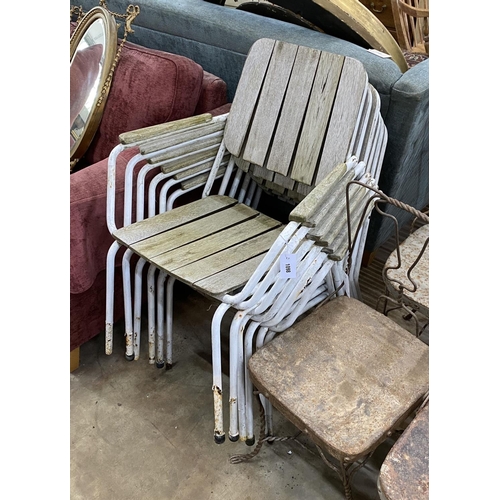 1098 - A set of six weathered teak and wrought iron stacking garden chairs, width 61cm, depth 54cm, height ... 