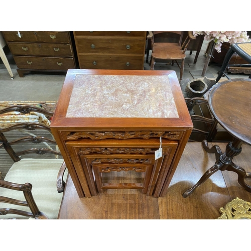 1103 - A quartetto of Chinese rectangular marble top hardwood tea tables, width 50cm, depth 35cm, height 65... 