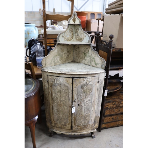 1116 - An 18th century Italian painted carved pine bow front standing corner cabinet, width 64cm, depth 38c... 