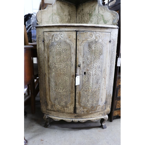 1116 - An 18th century Italian painted carved pine bow front standing corner cabinet, width 64cm, depth 38c... 