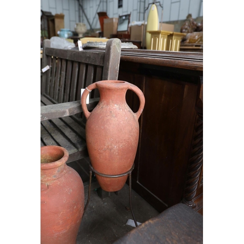 1122 - Two Greek style terracotta garden urns, one with iron stand, together with twelve assorted terracott... 