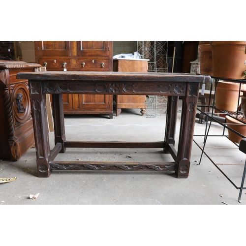 1124 - A 17th century style rectangular Gothic oak New England table, width 127cm, depth 59cm, height 77cm... 