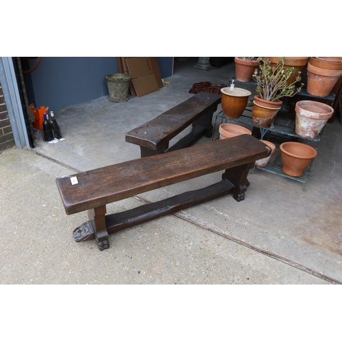 1127 - A pair of 17th century style carved oak New England benches, length 150cm, depth 28cm, height 46cm... 