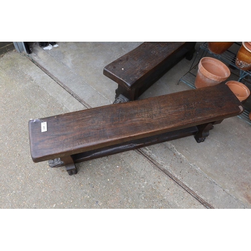 1127 - A pair of 17th century style carved oak New England benches, length 150cm, depth 28cm, height 46cm... 