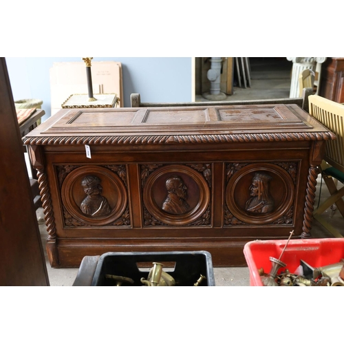 1128 - A 17th century style walnut cassone carved with busts in relief, width 160cm, depth 70cm, height 84c... 