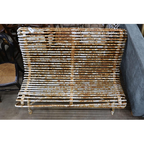 1140 - A painted wrought iron Aras bench, length 118cm, depth 66cm, height 83cm