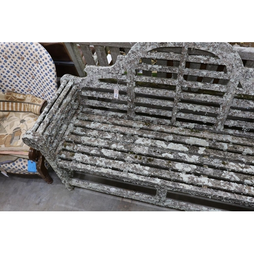 1148 - A Lutyens style lichen covered teak garden bench, length 160cm, depth 52cm, height 102cm... 