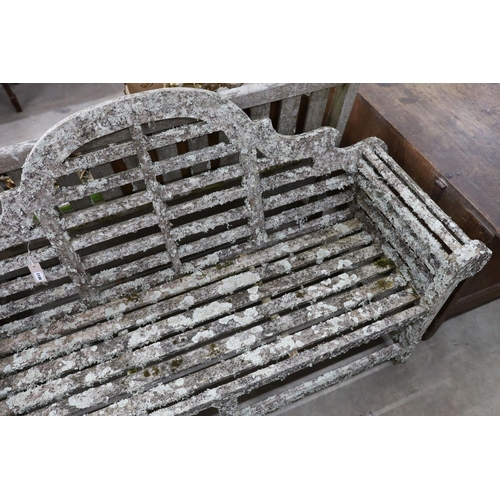 1148 - A Lutyens style lichen covered teak garden bench, length 160cm, depth 52cm, height 102cm... 