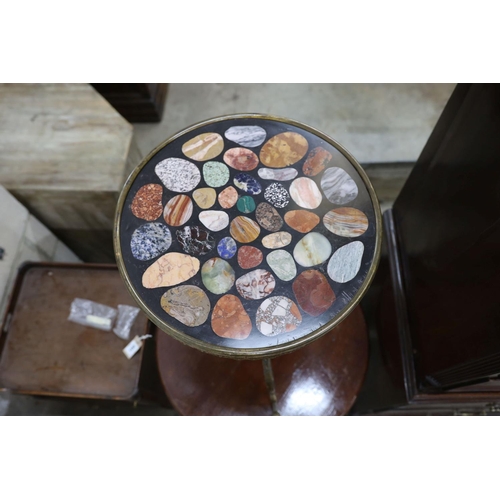 1154 - A circular brass and specimen marble tripod table, top diameter 40cm, height 71cm