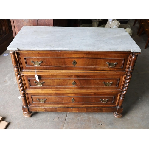 1182 - A 19th century French marble top walnut commode, width 109cm, depth 52cm, height 91cm