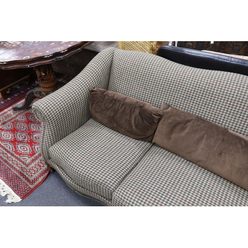 1189 - A large Louis XV style scroll arm sofa upholstered in a tweed type fabric, length 240cm, depth 96cm,... 