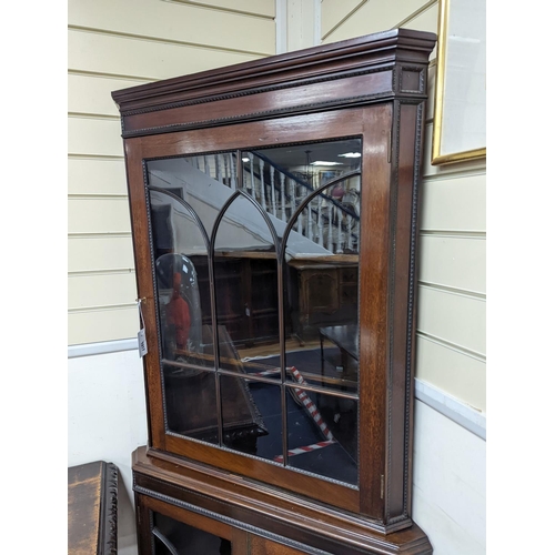 1200 - An Edwardian mahogany glazed standing corner cabinet, fitted four shelves, width 80cm, depth 42cm, h... 