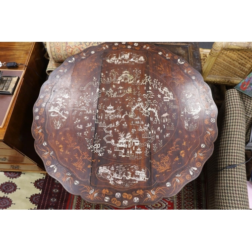 1222 - A Chinese carved hardwood circular inlaid centre table, diameter 122cm, height 87cm