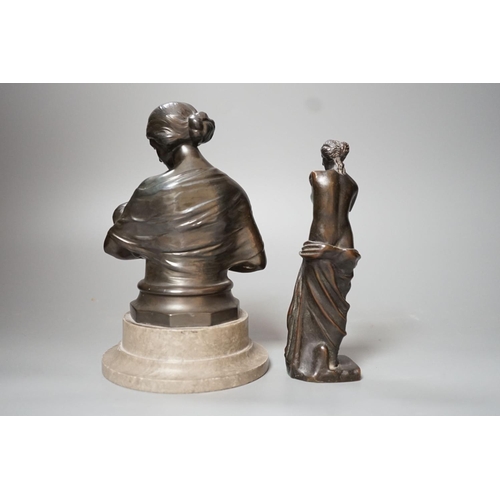 1254 - A bronze figure of the Venus de Milo, 16cm, together with another bronze bust of mother and child on... 