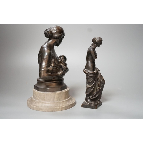 1254 - A bronze figure of the Venus de Milo, 16cm, together with another bronze bust of mother and child on... 