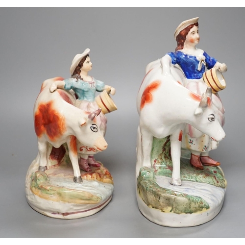 1255 - Two 19th century Staffordshire milk maid groups - tallest 24.5cm