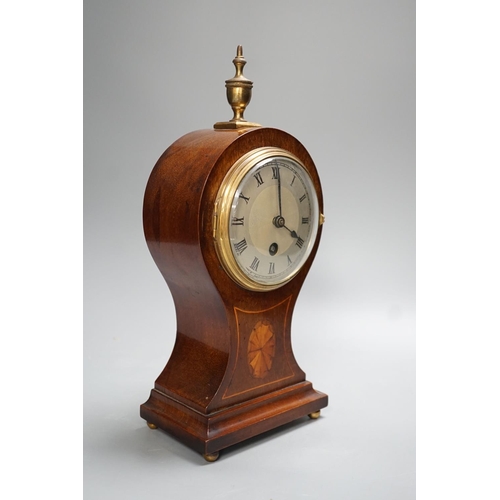 1257 - An Edwardian mahogany inlaid satinwood balloon timepiece - 32cm high