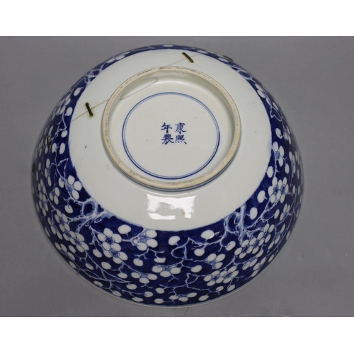 1262 - A Chinese blue and white prunus bowl, 19th century. 26.5cm diameter