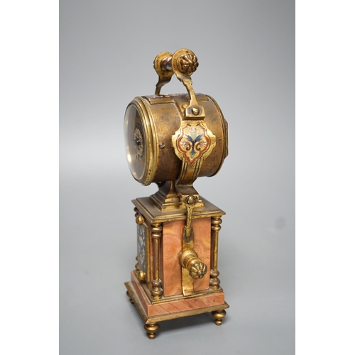 1268 - A French champleve enamel ormolu and marble mantle timepiece - 23cm high