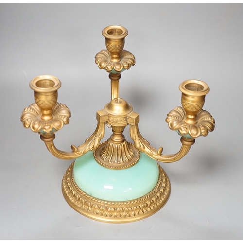 1279 - A three branch porcelain and ormolu mounted candelabrum, 19.5cm high