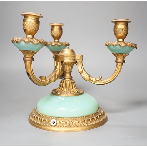 1279 - A three branch porcelain and ormolu mounted candelabrum, 19.5cm high