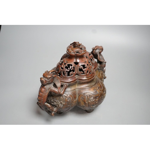 1280 - A 19th century Chinese bronze quatrefoil censer, with four character mark - 19cm high