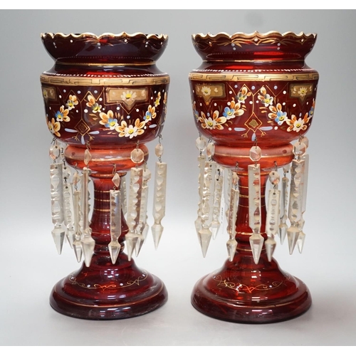 1298 - A pair of late 19th century ruby glass and enamel lustres - 36cm high