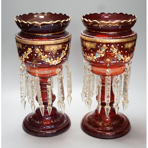 1298 - A pair of late 19th century ruby glass and enamel lustres - 36cm high