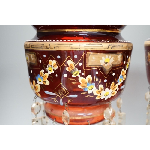 1298 - A pair of late 19th century ruby glass and enamel lustres - 36cm high