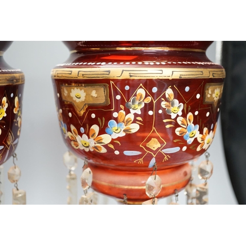 1298 - A pair of late 19th century ruby glass and enamel lustres - 36cm high