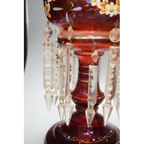 1298 - A pair of late 19th century ruby glass and enamel lustres - 36cm high