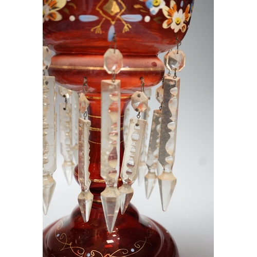 1298 - A pair of late 19th century ruby glass and enamel lustres - 36cm high