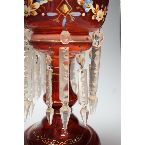 1298 - A pair of late 19th century ruby glass and enamel lustres - 36cm high