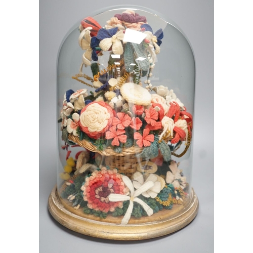 1300 - Victorian woolwork model of a bouquet of flowers under a glass dome - 40cm high