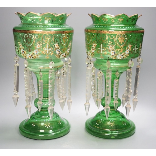 1301 - A pair of late 19th century green glass enamel lustres - 37cm high