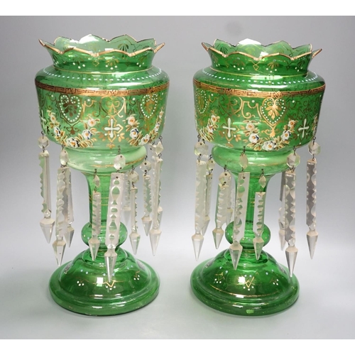 1301 - A pair of late 19th century green glass enamel lustres - 37cm high