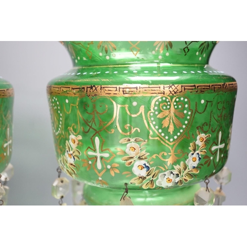 1301 - A pair of late 19th century green glass enamel lustres - 37cm high