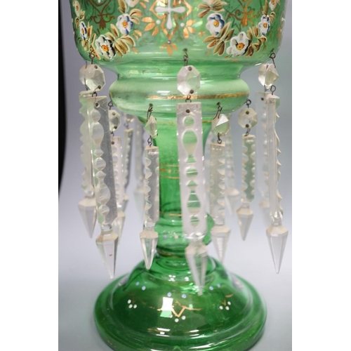 1301 - A pair of late 19th century green glass enamel lustres - 37cm high