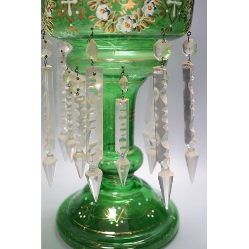 1301 - A pair of late 19th century green glass enamel lustres - 37cm high